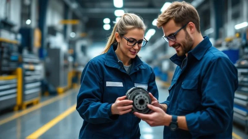 Ausbilder erklärt einer Auszubildenden eine Maschinen-Komponente in einer Ulmer Werkshalle