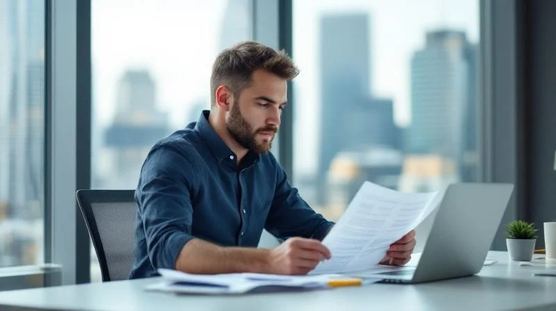 Mann am Schreibtisch mit Laptop und Karriereunterlagen in hellem Büro in Ulm