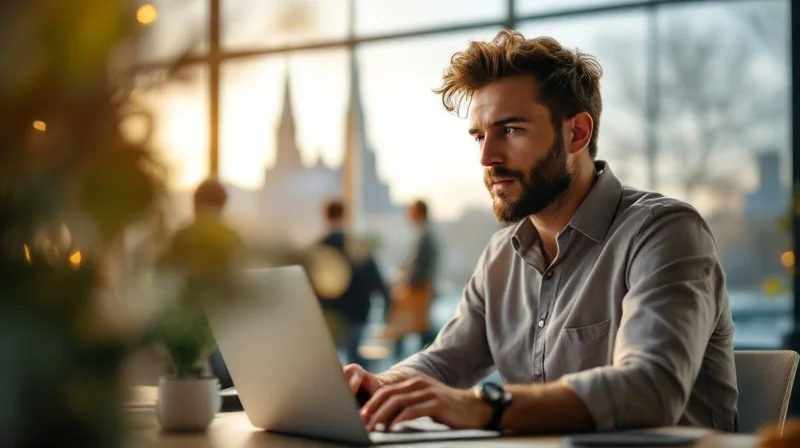 Ulmer Angestellter mit Laptop am Schreibtisch, Blick auf Münster und Donau