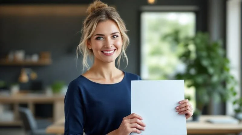 Frau haelt stolz ein IHK-Zertifikat in einem hellen Buero in Ulm