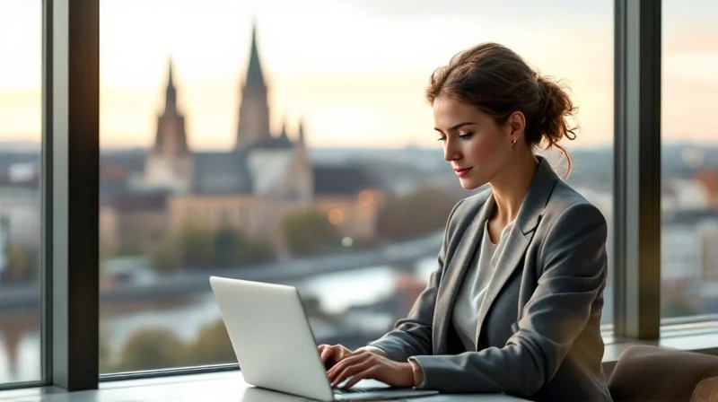 Geschäftsführerin im Ulmer Büro mit Blick auf Münster und Donau