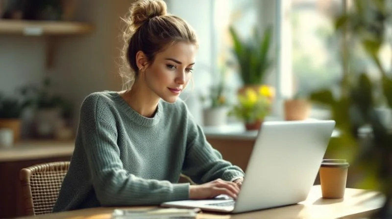 Frau lernt am Laptop in einem hellen Raum mit Blick auf das Ulmer Muenster