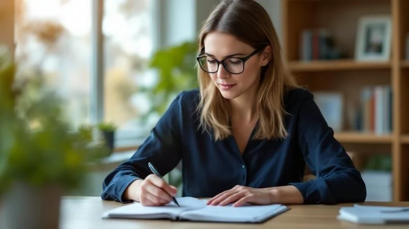 Frau mit Unterlagen am Schreibtisch in einem hellen Buero in Ulm